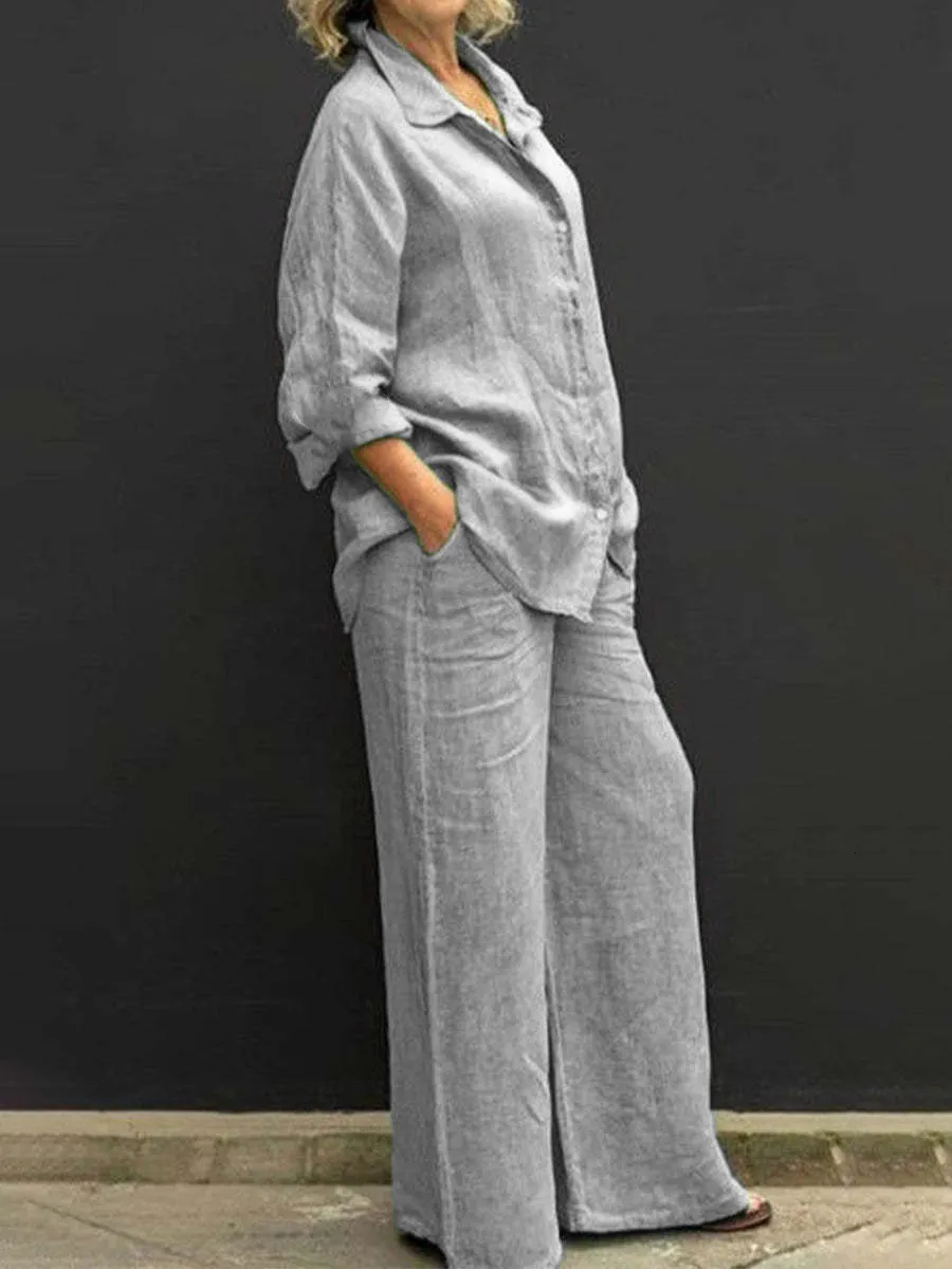 Kvinnors spårdräkt Cotton Linen Suits 2023 Elegant Solid Long Sleeve Shirt Wide Leg Trousers Two Piece Set Female raka byxor 230629