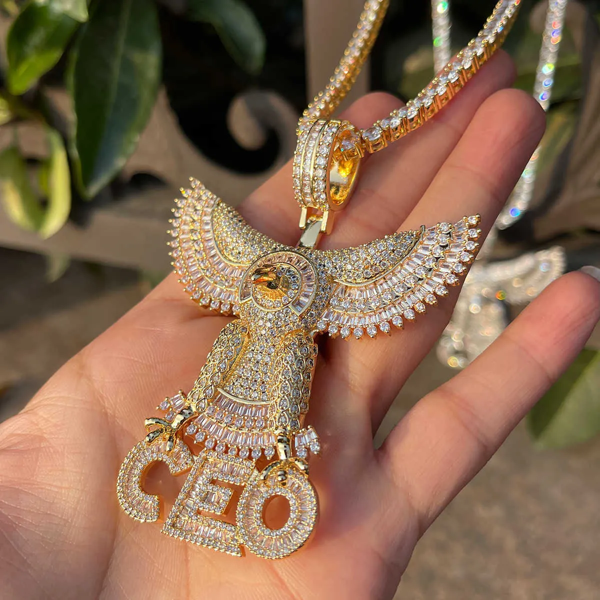 Colares com Pingente Letra Bolha Gelada Big Eagle Ceo Baguete Colar para Homens Banhado a Ouro Real Zircônia Cúbica Jóias Hip Hop 230621