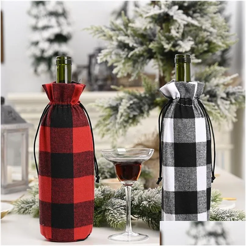 Rustic Buffalo Plaid Wine Bottle Decorative Holder Bags for Christmas Decorations