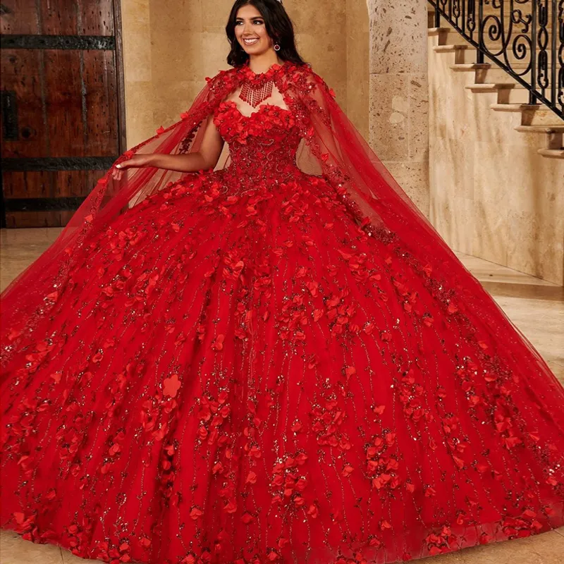 Shiny Red Quinceanera Dresses with Cape 3D Flower Appliques Vestidos De 15 Anos Sweetheart Ball Gown Junior Girls Birthday Party Dress