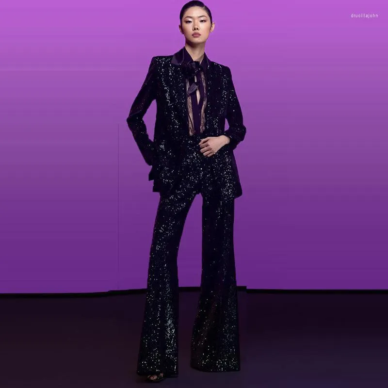 Женские брюки из двух частей Высококачественные Роскошные черные блестящие блестки Двубортный женский костюм Вечернее платье Куртка Slim Fit Micro