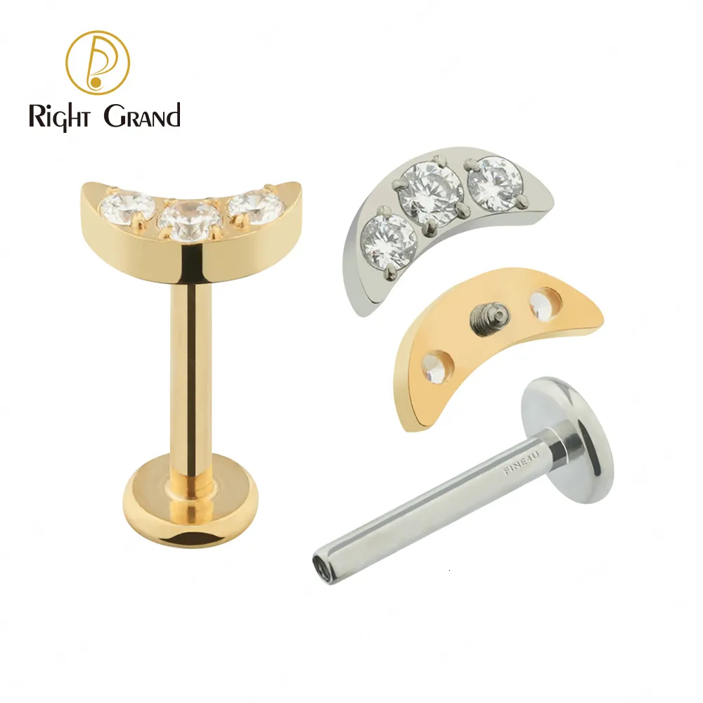 Navel Bell Button Rings 5pcslot Right Grand ASTM 36 16G CZ Crescent Moon Top Flat Back Labret Monroe Lip Kraakbeen Helix Tragus Conch Ear 230628