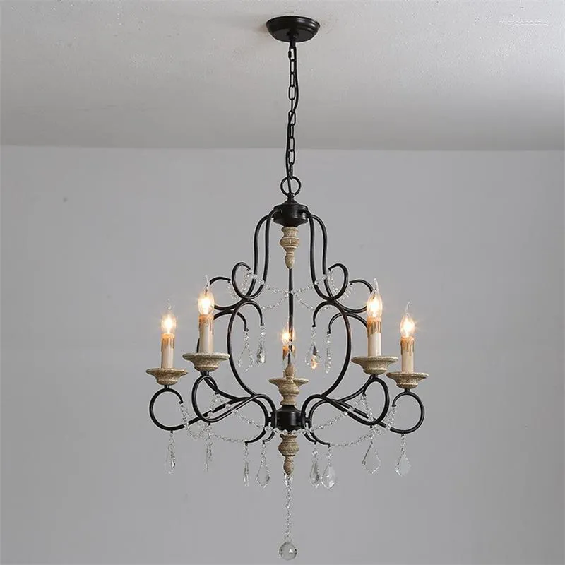 Chandeliers American Country Vintage Crystal Lamp 5 Lights Antique Solid Wood E14 Candle Light Fixtures For Living Room Kitchen