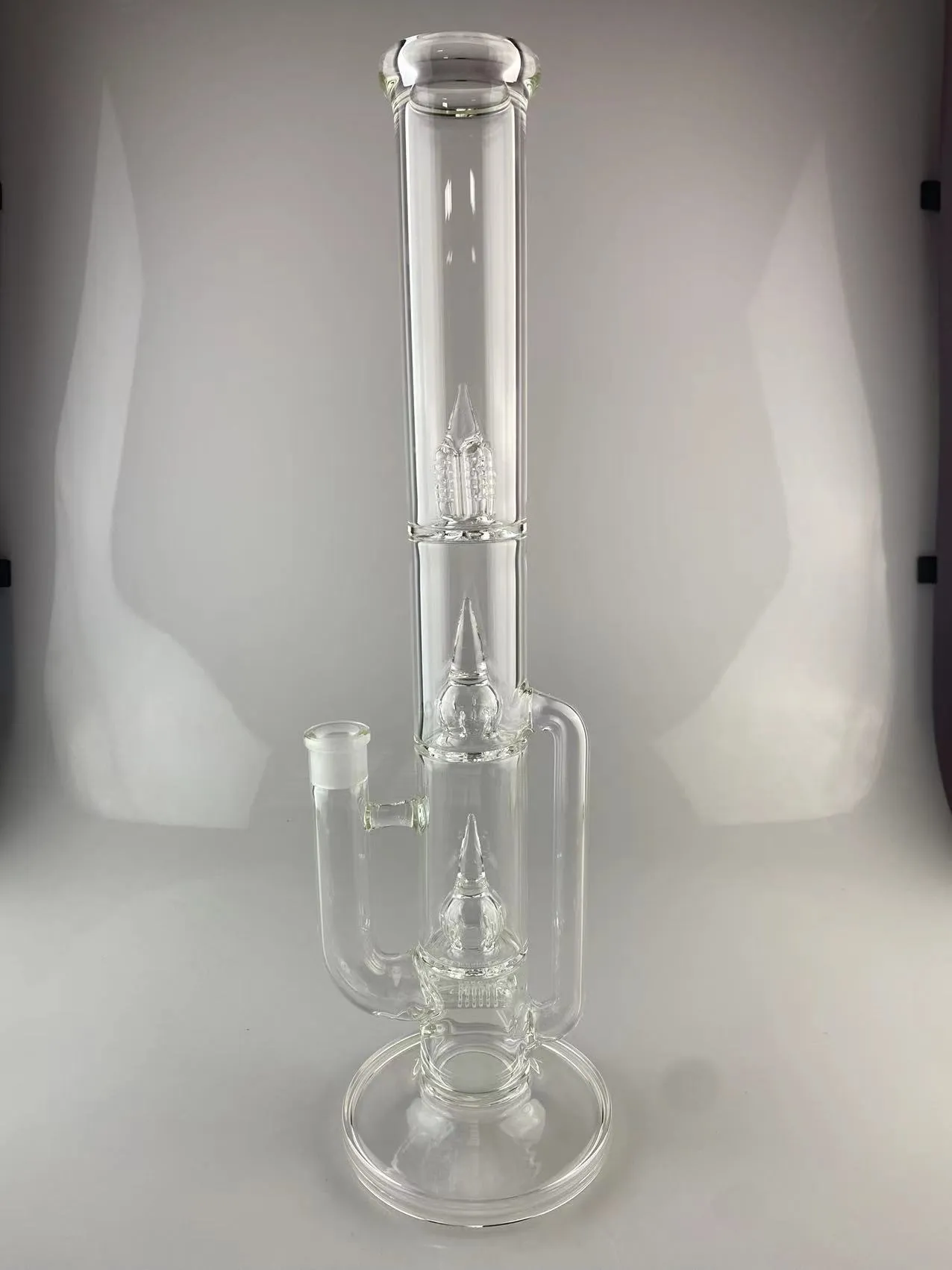 Cachimbos bongo de cor transparente de alta qualidade 18 mm junta 18 polegadas 2 percs em linha para tampa de grade de 2 chifres para 4 inv splash