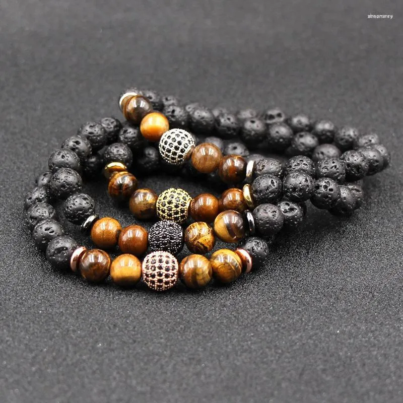 Strand Natural Black Volcanic Lava Stone Distance Tiger Eye Stones Armband Pave CZ Ball Beads Armband For Women Men smycken Pulseras