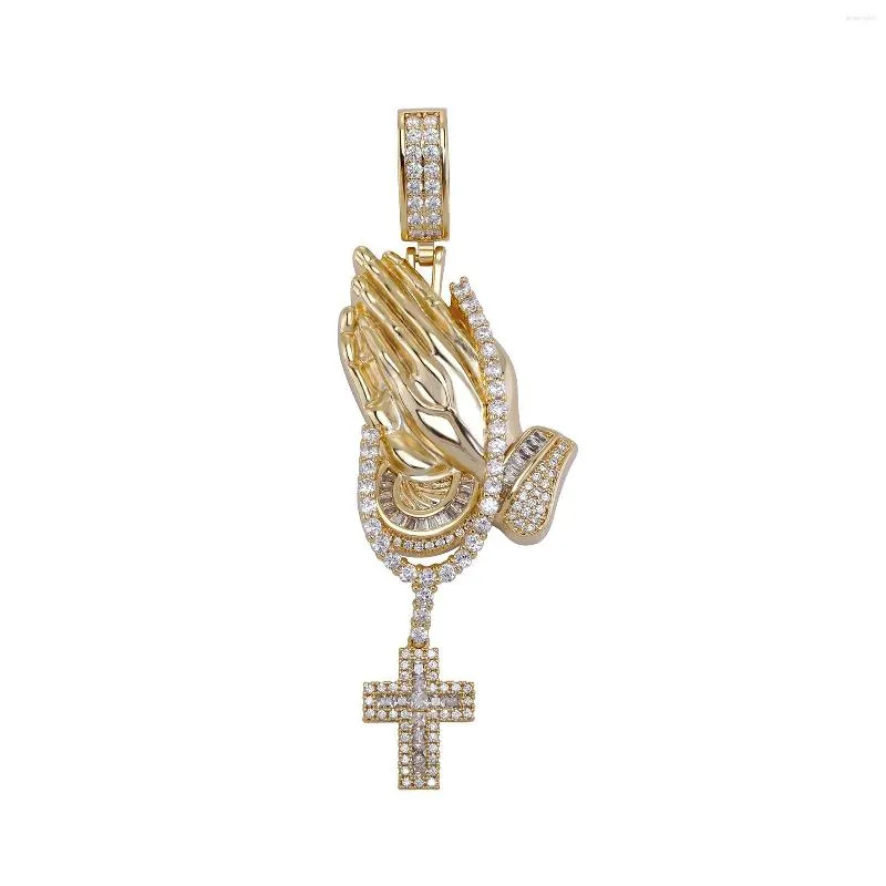 Pendentif Colliers Zircon Glacé Bling Prier Mains Croix Pendentifs CZ Main De Prière Charme Bijoux De Mode Charmes