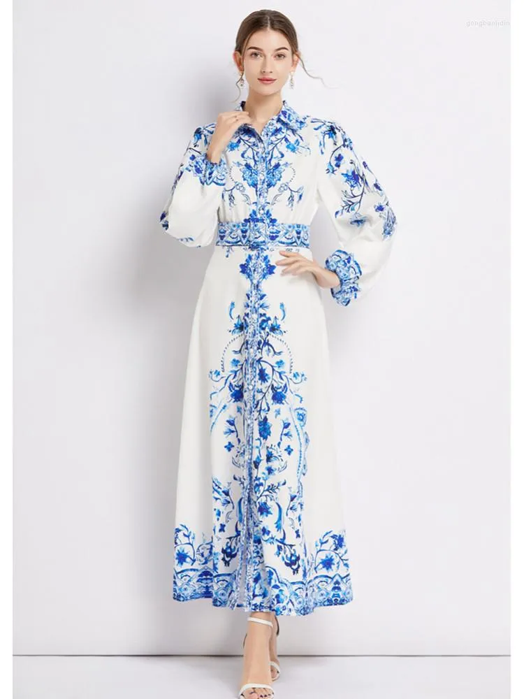 Casual Maxi Dress for Women Ankle-Length Blue and White Pottery Print with  Belt and Puff Sleeves from Dhgate Basic & Casual Dresses - price 41.16