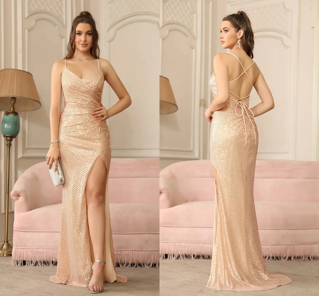 BABYONLINE Gold Sequins Bridesmaid Dress Formal Prom Evening Gowns Thigh-high Split Strappy Lace-up on Open Back Long Train Party Dress CPS1999