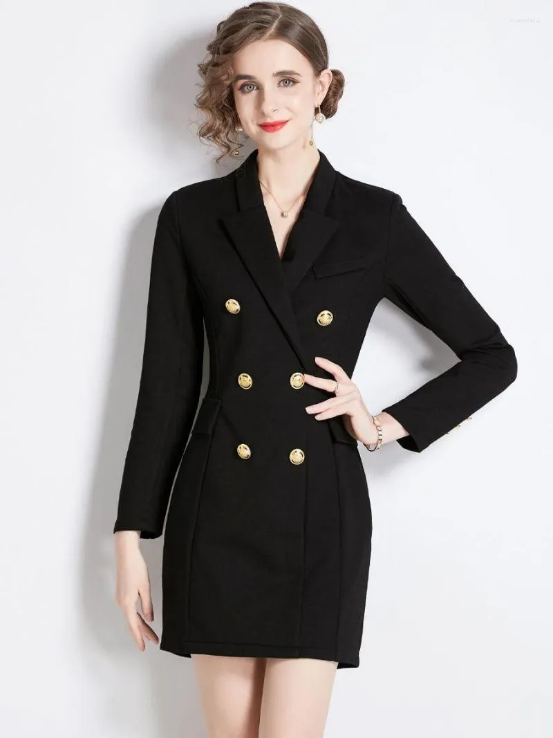 Robes Décontractées Noir Blazer Robe Femmes Automne Hiver Épais Romain Coton Entaillé Costume À Manches Longues Doré Double Boutonnage Court Vestidos