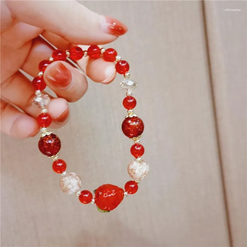 Strand Korean Red Strawberry Crystal Glass Bangle Bracelet For Women Girls Beaded Elasticity Rope Charms Bracelets 2023 Jewelry Gifts