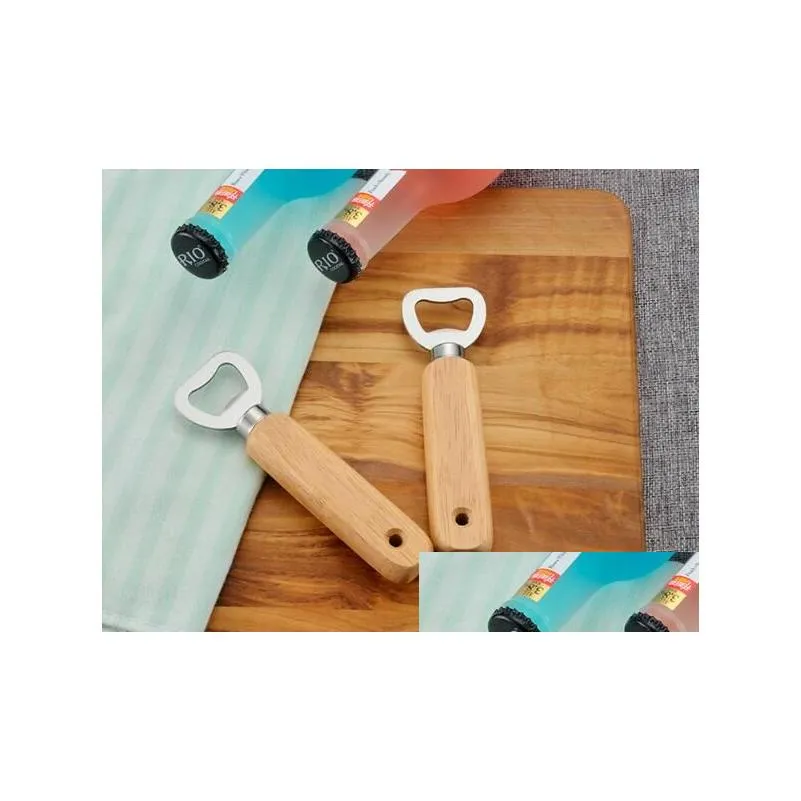 Openers Kitchen Bottle Opener Tools Stainless Steel Wooden Handle Beer Bar Soda Cap Gifts Drop Delivery Home Garden Dining Dhwvx