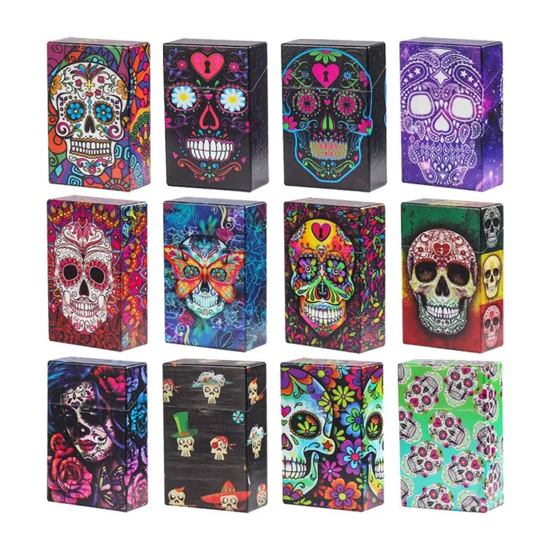 Latest Cool Smoking Colorful Skull Style Cigarette Cases Plastic Storage Box Innovative Housing Automatic Spring Opening Flip Moistureproof Stash Case DHL