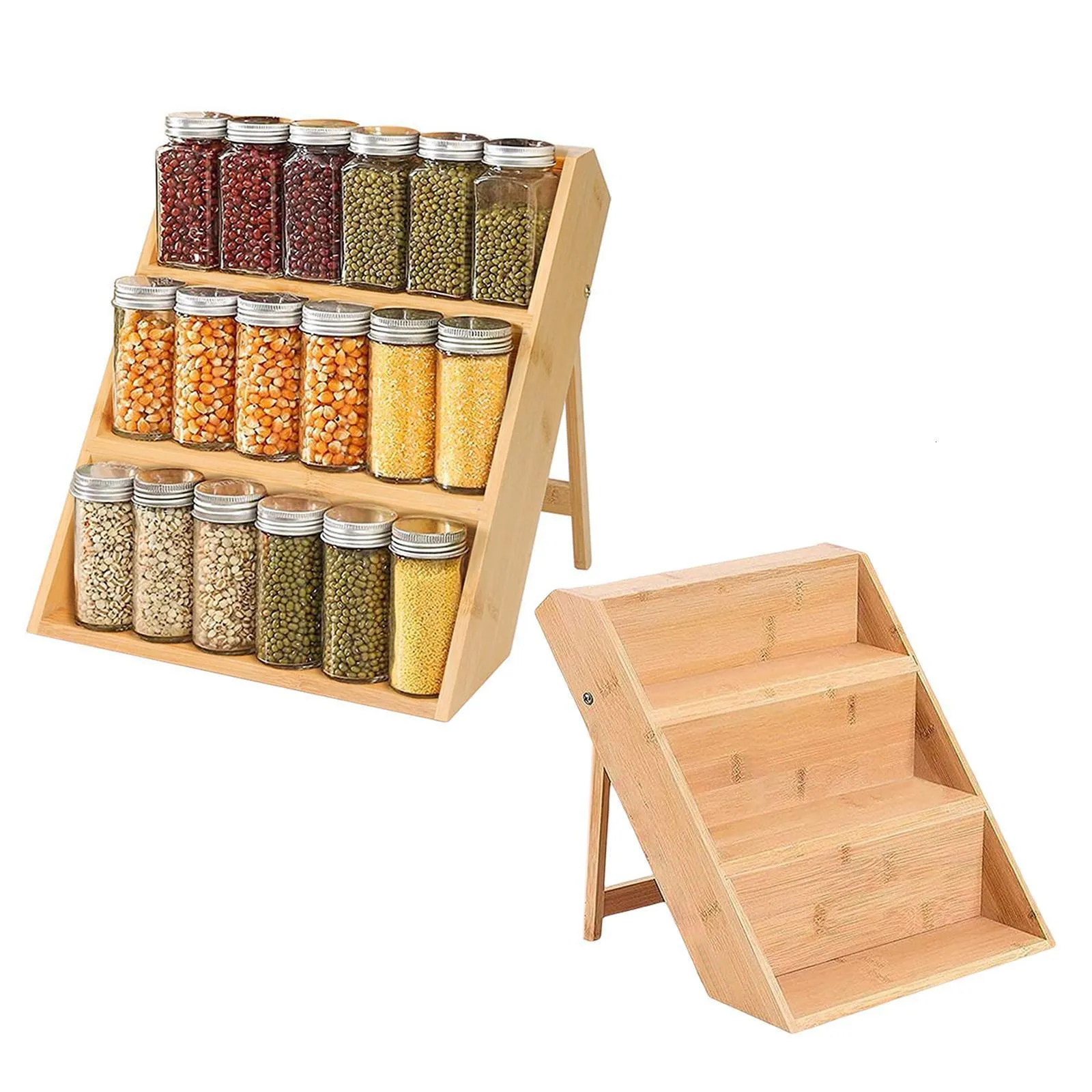 Dish Racks Bamboo Spice Rack Display Shelf Salt Pepper Storage Wooden Seasoning 230628