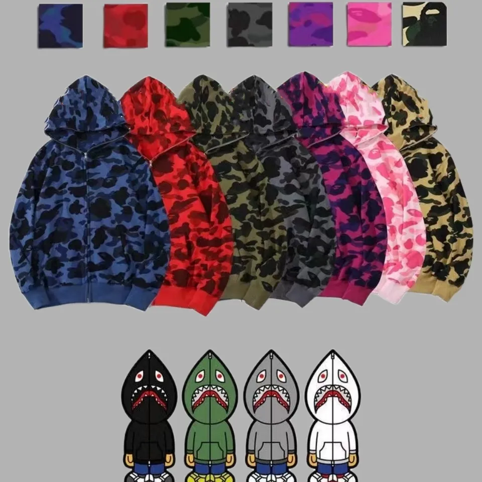 Shark Tasarımcı Hoodie Sweater Erkek Kadın Kamuflaj Ceket Jogger Fermuar Japon Moda Spor Giyim Markası Kapşonlu Sweatshirt Trailsuit Toptan Fiyat