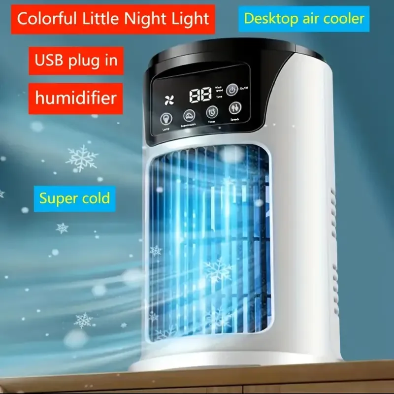 1pc, Desktop Air Cooler, Portable Air Conditioner Humidifier Atmosphere Lamp Fan, USB Air Conditioner, 3-in-1 Function, Small And Portable