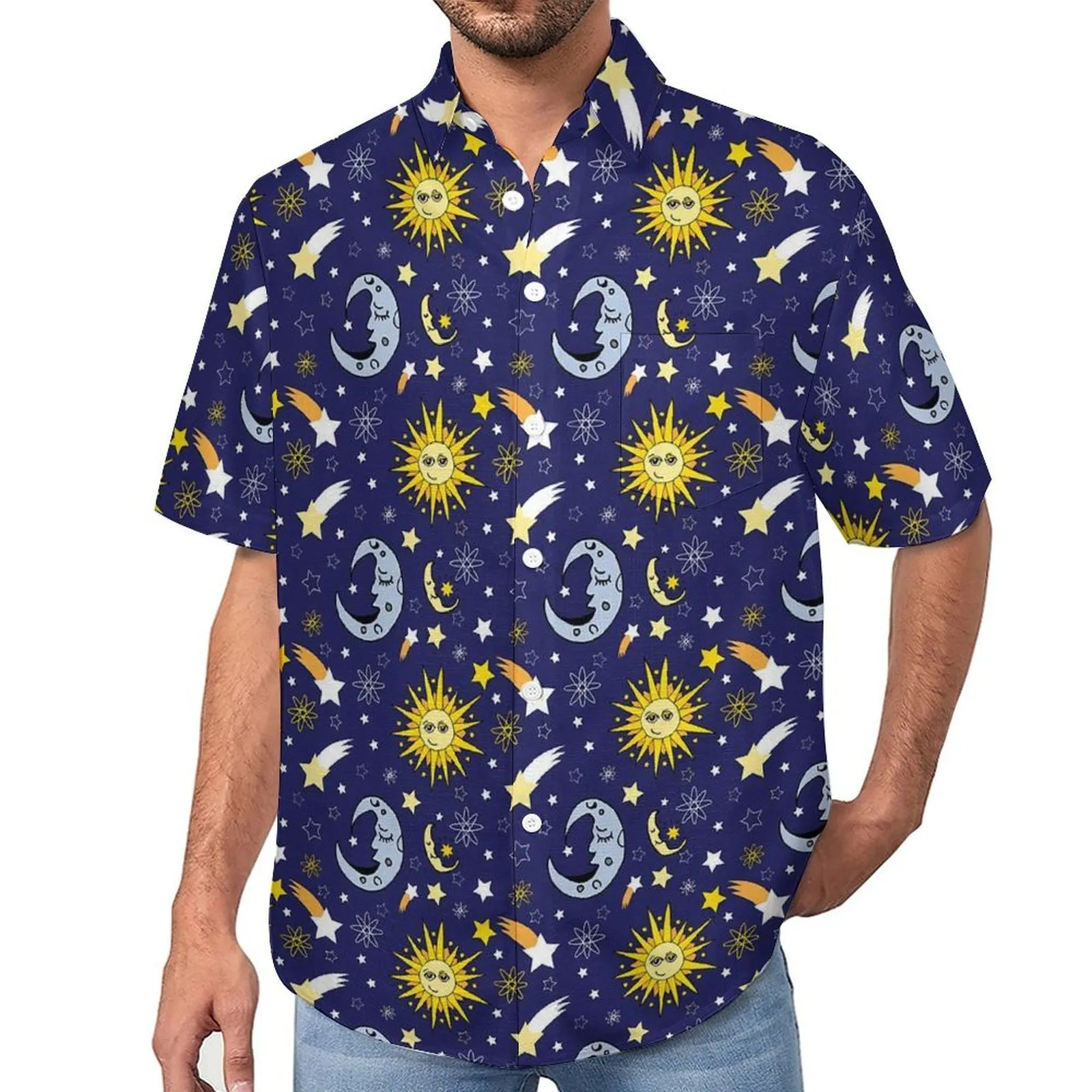 Chemises habillées pour hommes Soleil et lune Chemise décontractée Astrologie Plage Lâche Été Élégant Blouses À Manches Courtes Graphique Tops Surdimensionnés 230629