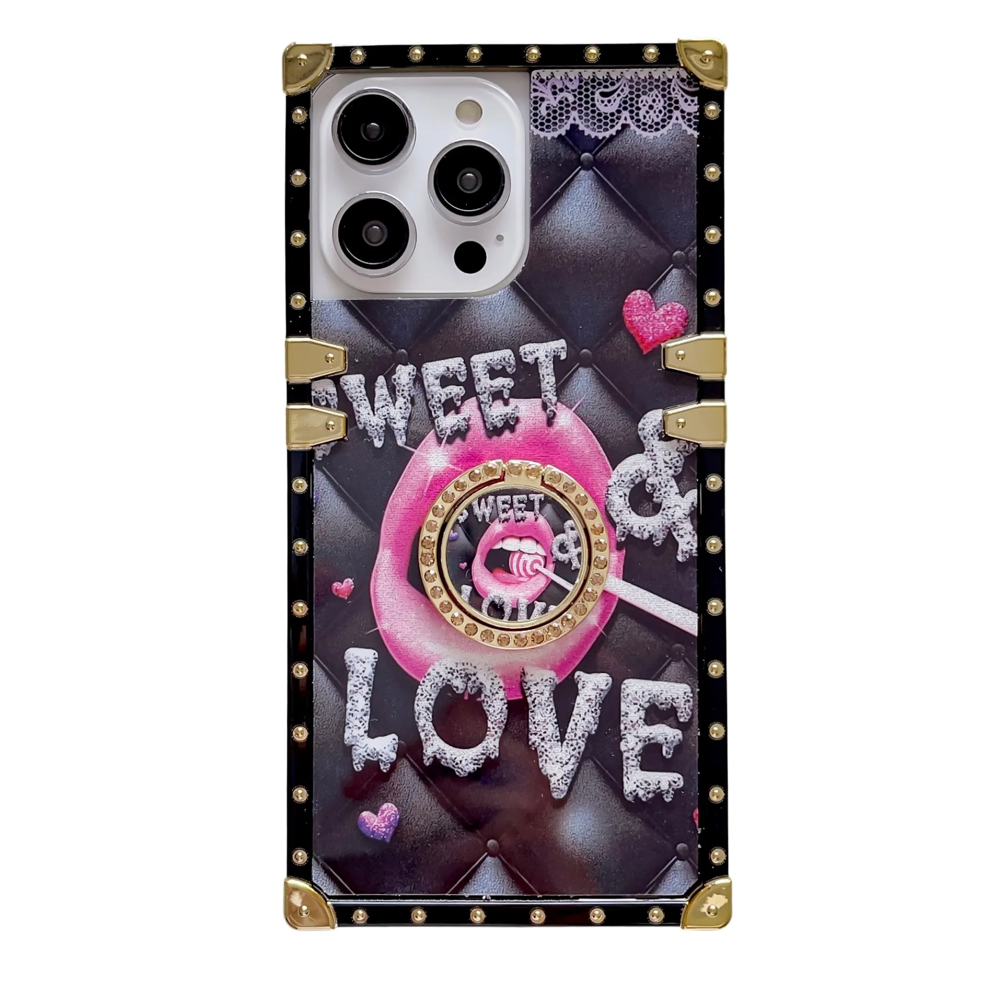 Skull Lips Queen Diamond Ring Holder Square Case For iPhone 15 14 13 12 11Pro Max XR XS 6S 7 8Plus SEful Pink Cover