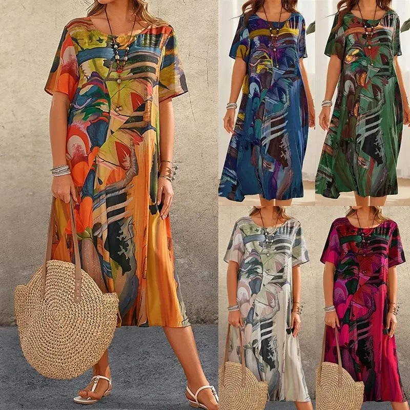 Casual klänningar mode tryckt lös klänning 2024 sommar kort ärm o-hals strand semester boho stil vingate street kvinnlig mantel
