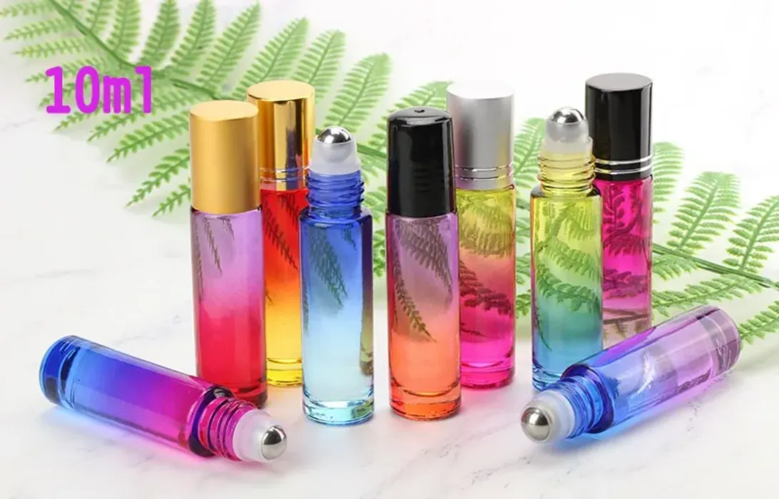 Color gradient 10 ml Glass Essential Oils Roll-on Bottles with Stainless Steel Roller Balls Roll on Bottle 8 caps
