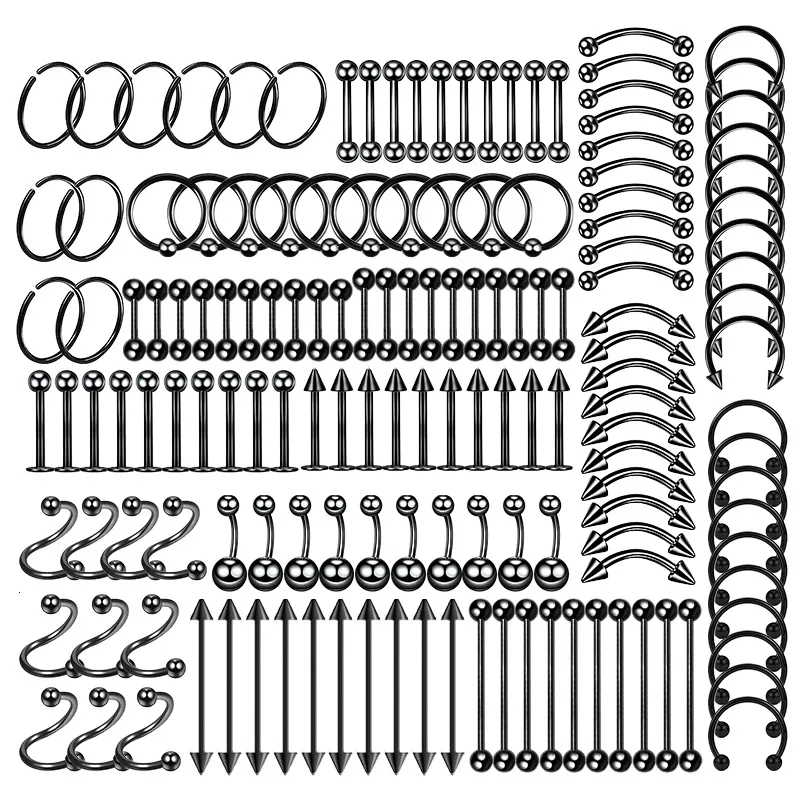 Nabel-Klingelknopf-Ringe, 150-teiliges Stahl-Körperpiercing-Schmuck-Lot, Nasenring, Zungenpiercing, Augenbraue, Labret-Set, Hufeisen-Packung 230628