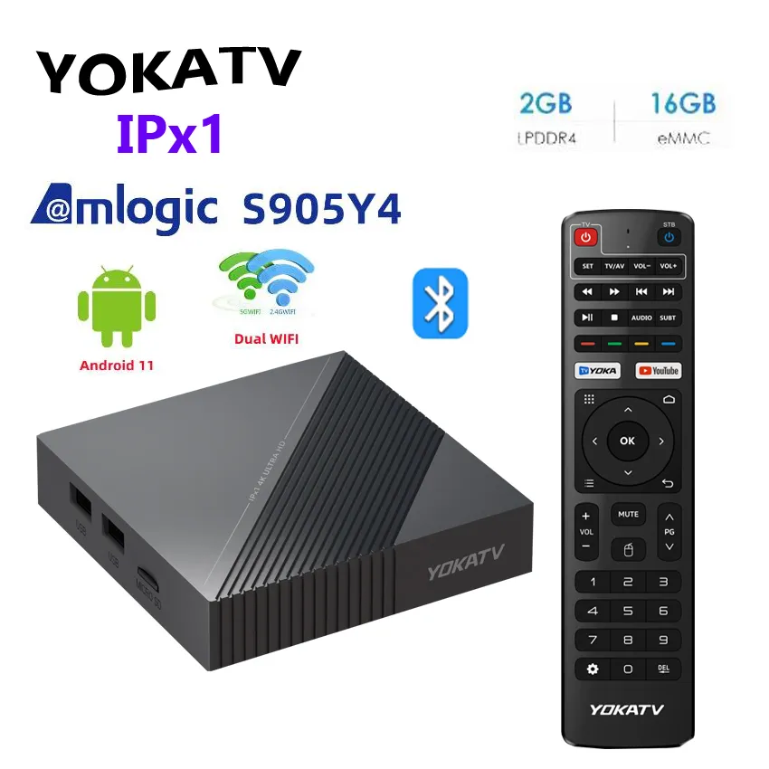 Yokatv IPX1 Smart TV Box Amlogic S905Y4 Quad Core AV1 Android 11 2GB 16GB EMMC TV BOX 2.4/5G WIFI BT5.0 100M LAN SET TOP BOX VS MECOOL KM1 ATV