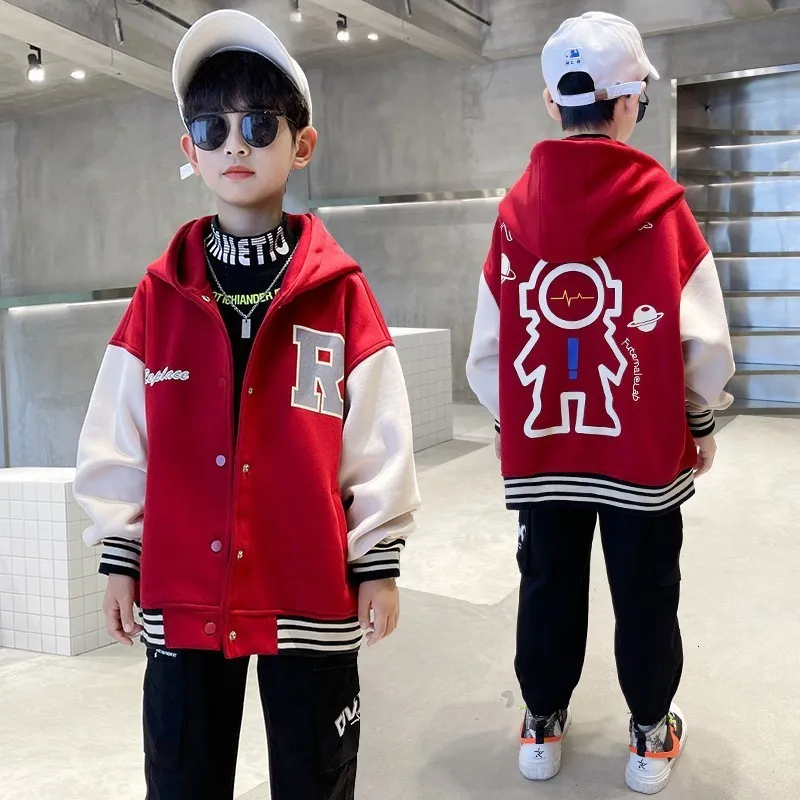 Jackor Spring Autumn Jackets Coat Boys Basketball Jacket Teen Barn Hooded Baseball Uniform Children Bomber Jacket 4 6 8 10 12 13 14 Y 230628