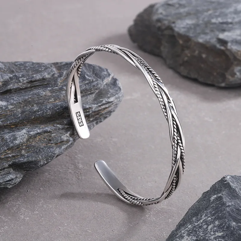 Charm Vintage Thai Silver Twist Pattern Bangle for Men Women Adjustable Open Cuff Bracelets Bangles Party Jewelry