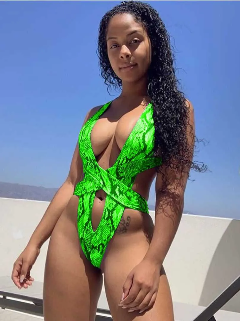 Swim wear Sexy Monokini One Piece Swimsuit Women 2022 Neon Green Snake Print Bandage Cut Out Thong Swimwear Women High Cut Swimming Suit HKD230628