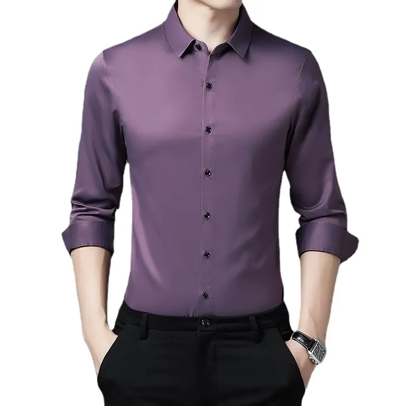 Chemises habillées pour hommes chemise à manches longues Simulation soie affaires quotidiennes décontracté lâche couleur unie fond 230628