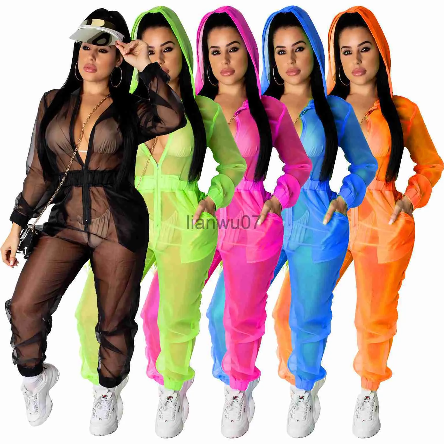 Womens Jumpsuits Rompers Mesh Jumpsuit Black Green Blue Orange Hooded One Piece Jumpsuit Sheer See Through Jumpsuit Bodycon Party Club Outfits Mono Muje J230629