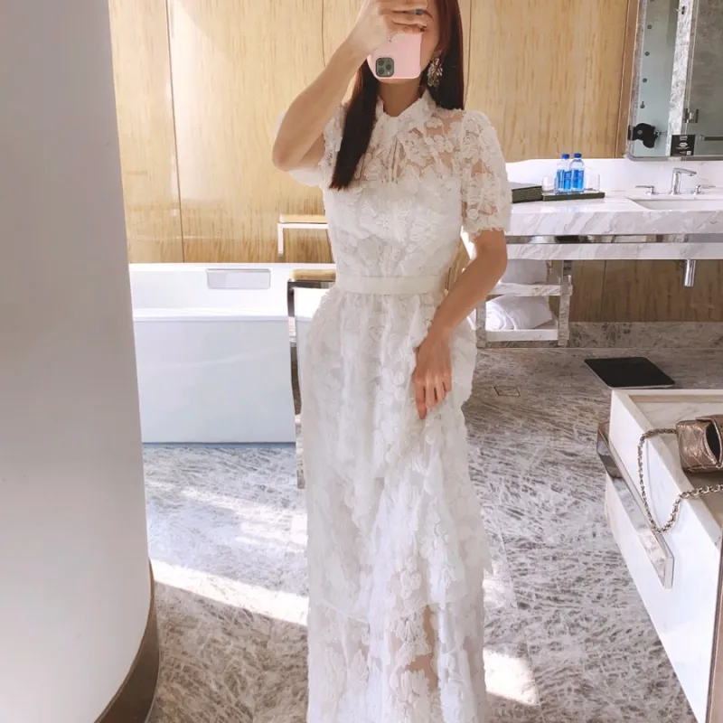 Save Big on Bulk Self Portrait Dress Long Sleeve Flare Sleeve White Dress  Self Portrait Style 3D Flower Irregular Collar Short Sleeve White Dress