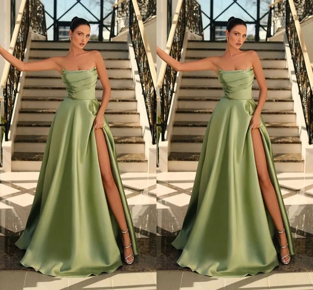 A Sexy Green Line Prom Dresses Long For Black Women Plus Size Strapless Pleats Draped High Side Split Formal Ocn Evening Birthday Club Party Pageant Gowns mal