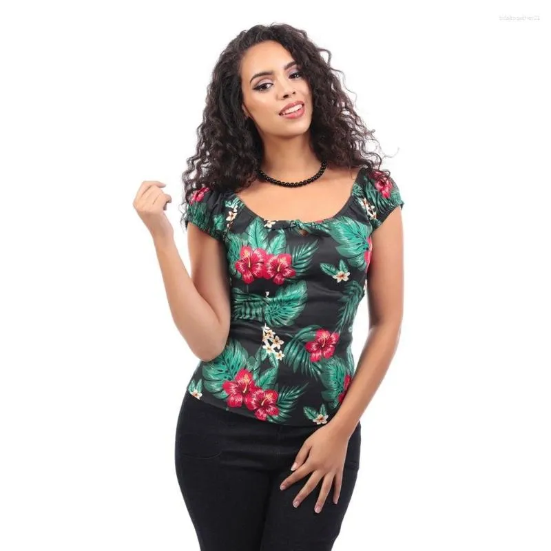 Kadın T Shirt 40- Yaz Kadın Vintage 50'ler Rockabilly'den Esinlenilmiş Tropical Paradise Lorena Top In Black Gypsy Style Plus Size Pinup Tops