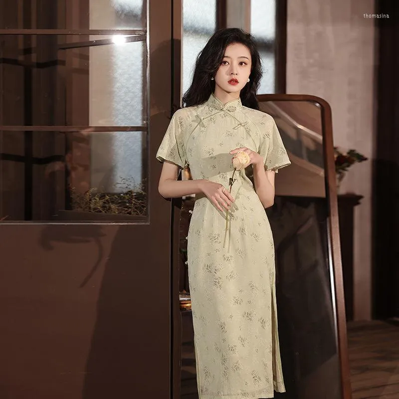 Etnik Giyim 2023 Çin Elbise Açık Yeşil Cheongsam Vintage Gevşek Kollu Geleneksel İnce Kadın Kadın Uzun Qipao S To 2xl