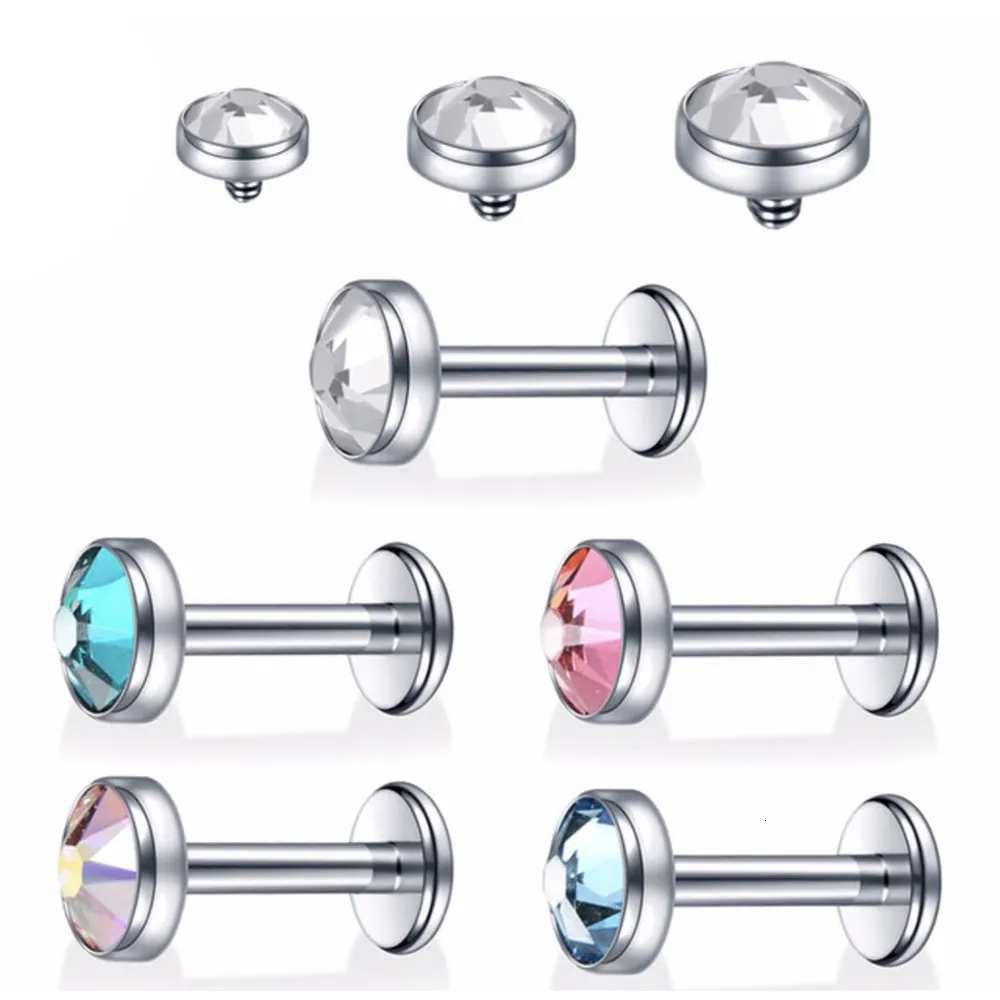 Pierścienie przyciskowe Bell Bell 10pc G23 Labret przeszywający cyrkon 6810 mm wewnętrznie gwintowane kołki do uszu Kolczyki helisowe helisa biżuteria nadwozia 230628