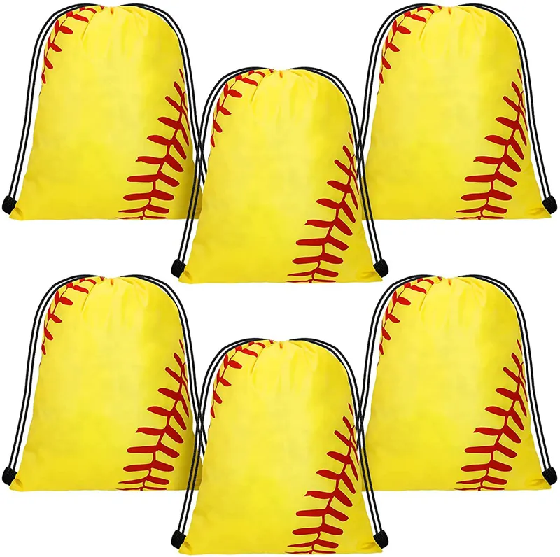 DHL200pcs Stuff Sacks Polyester Yellow Baseball Printing Waterproof Protable Sport Gym Drawstring Backpack Bag