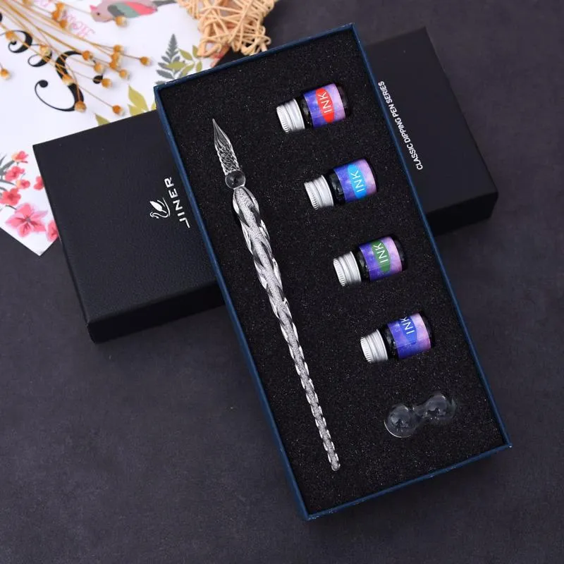 Pens Glass Dip Pen And Blue Ink Set Gift Box 5ml Ink Color Signature Pencil Gifts Boxes Handmade 6pcs Glass Dip Pencil Sets