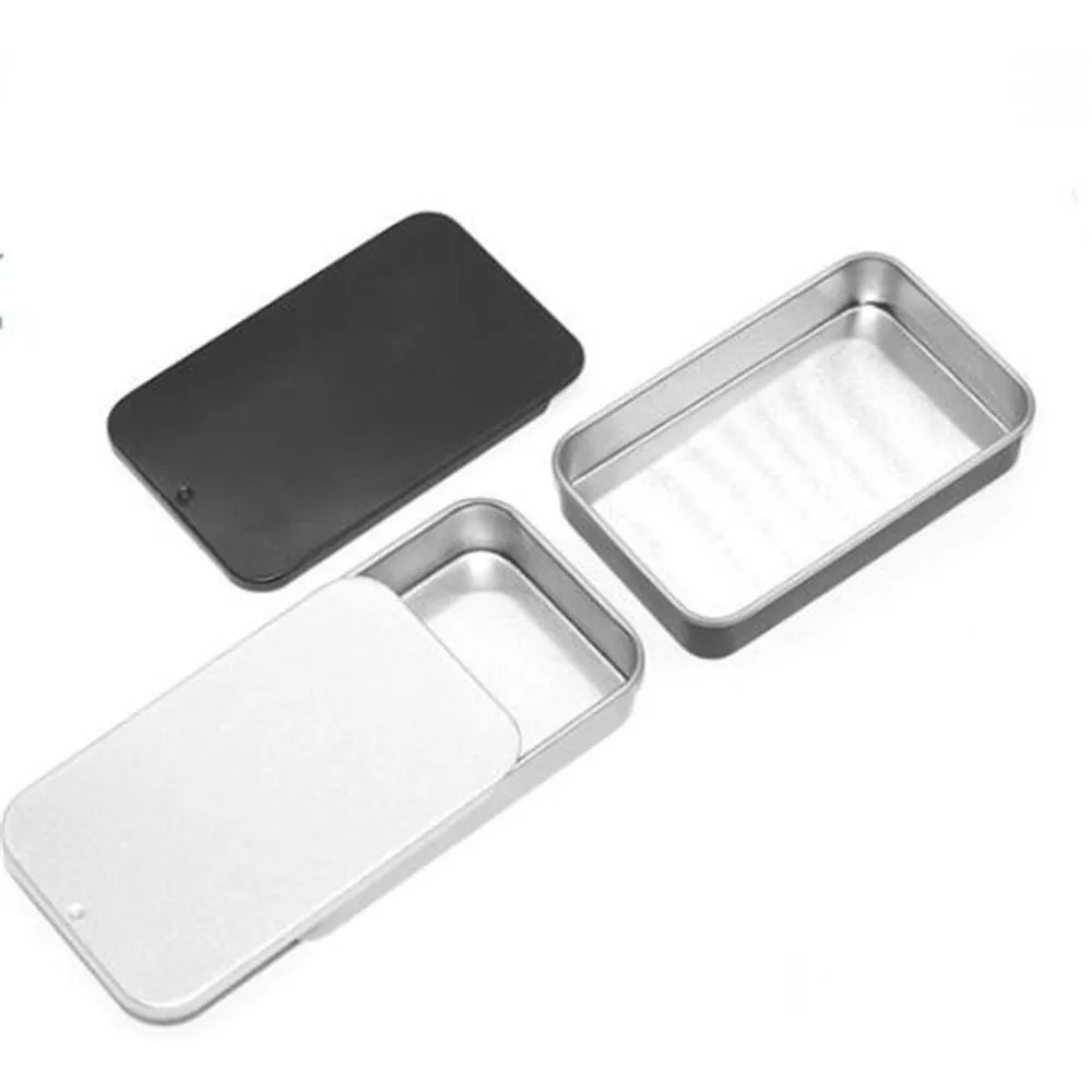 Caixas de armazenamento Caixas Slide Top Retangar Recipientes de lata de metal para doces Jóias Artesanato Pílulas Bálsamo labial Kit de sobrevivência Xb Drop Delivery Dhq1H