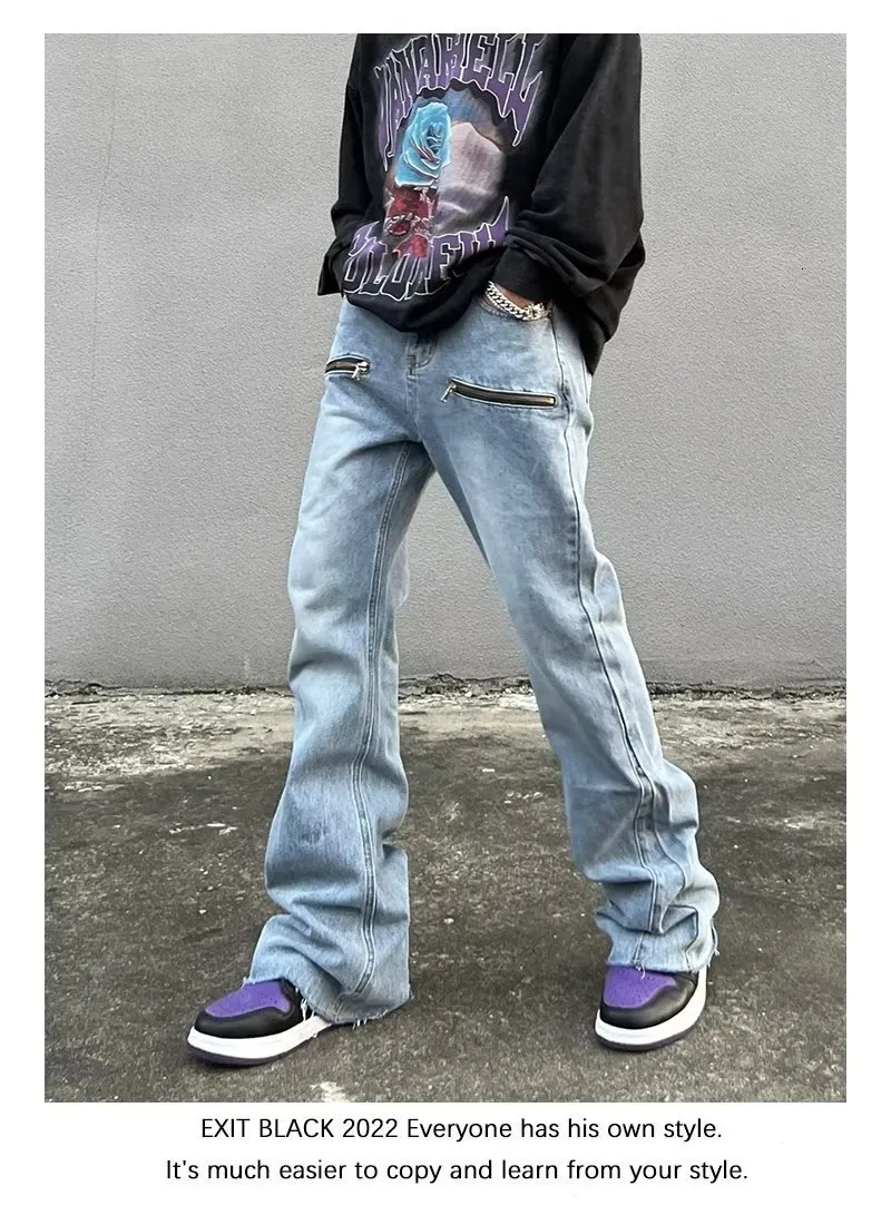 Mens Jeans Y2K Fashion Zipper Retro Washed Baggy Flare Jeans Pants
