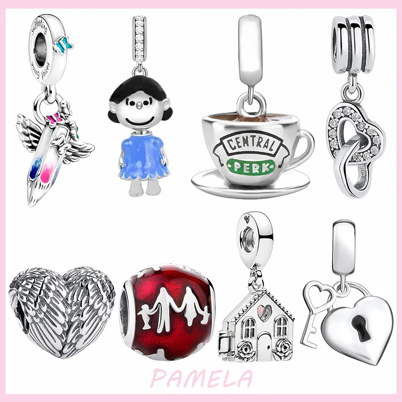 925 Silver Fit Pandora Charm 925 Bracelet Coffee Cup Little Girl Charm Family charms set Pendant DIY Fine Beads Jewelry