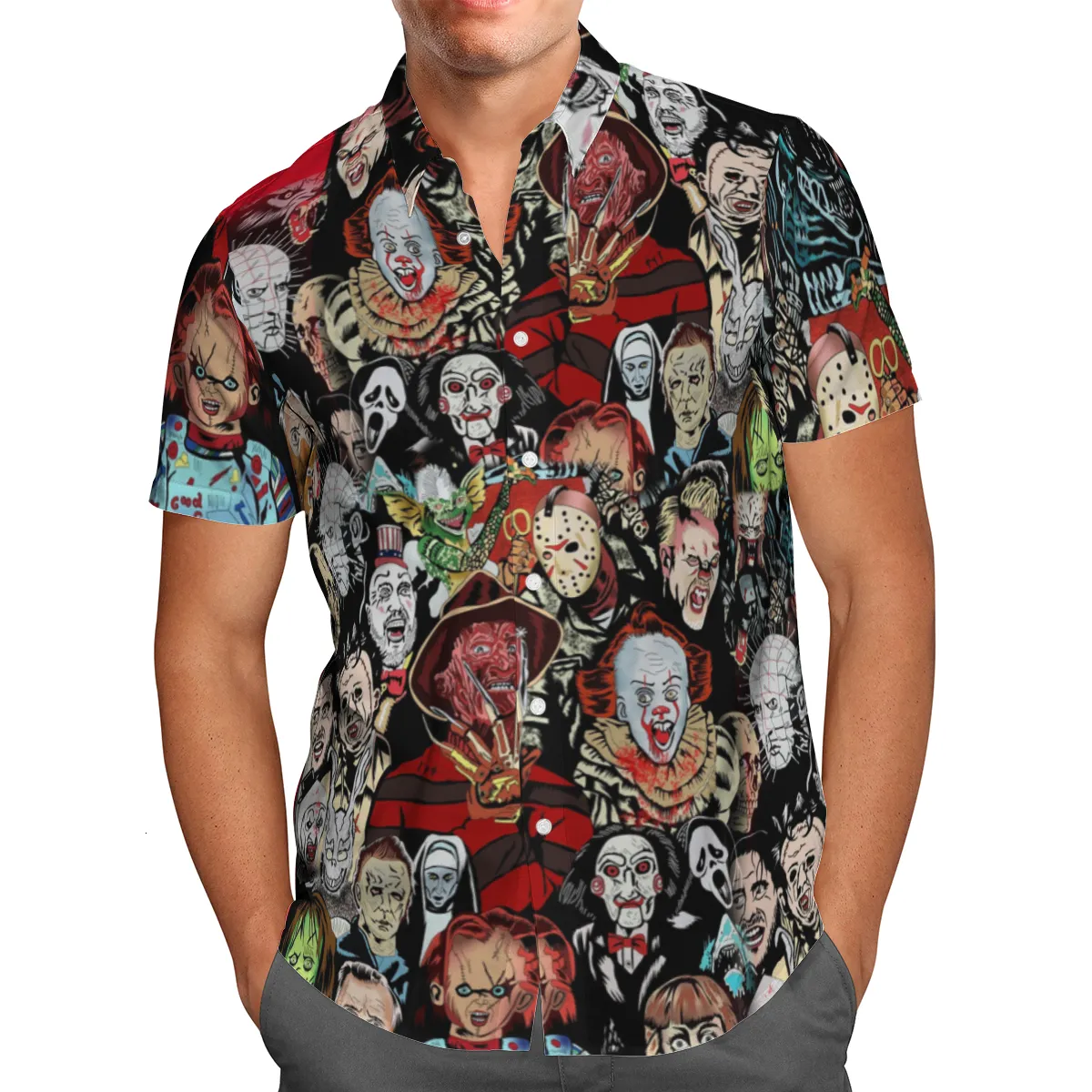 Men s klänningskjortor Hawaiian Men s kort ärmskjorta stora gatukläder 3d halloween terror strand sommar 5xl homme 230629