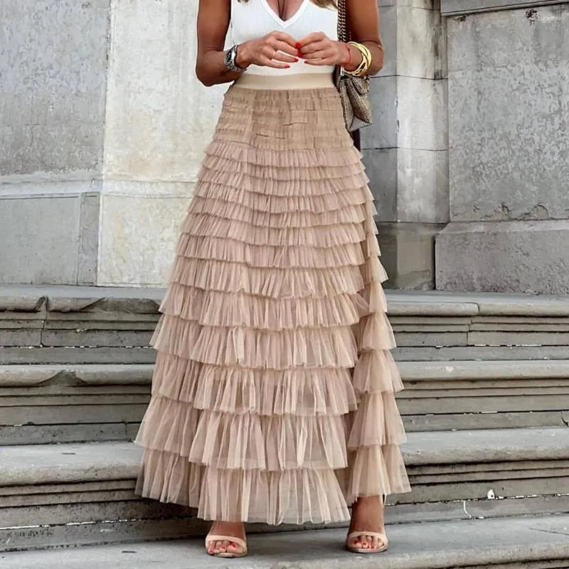 Skirts High-Waist Elastic Waist Maxi Skirt A-Line Ankle Length Loose Elegant Long Solid Color Cake Party Streetwear