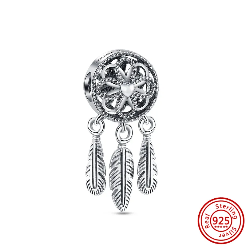 925 Silver bead fit Charms Pandora Charm Bracelet Dreamcatcher 3 Feather Fan Hollow charmes ciondoli DIY Fine Beads Jewelry