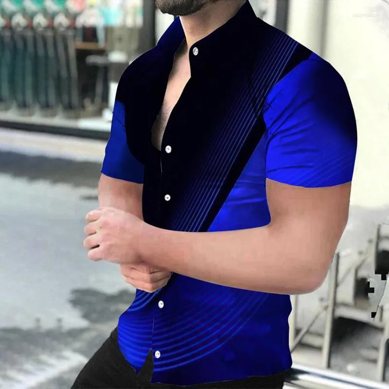 Erkek Casual Gömlek Yaz Camisas De Hombre Moda Büyük Boy Turn-Aşağı Yaka Düğmeli Gömlek Çizgili Baskı Kısa Kollu Üstler