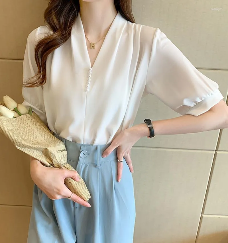 Blusas femininas top para mulheres usarem roupas de trabalho, camisas de chiffon e roupas elegantes e formais brancas para escritório com decote em V Social