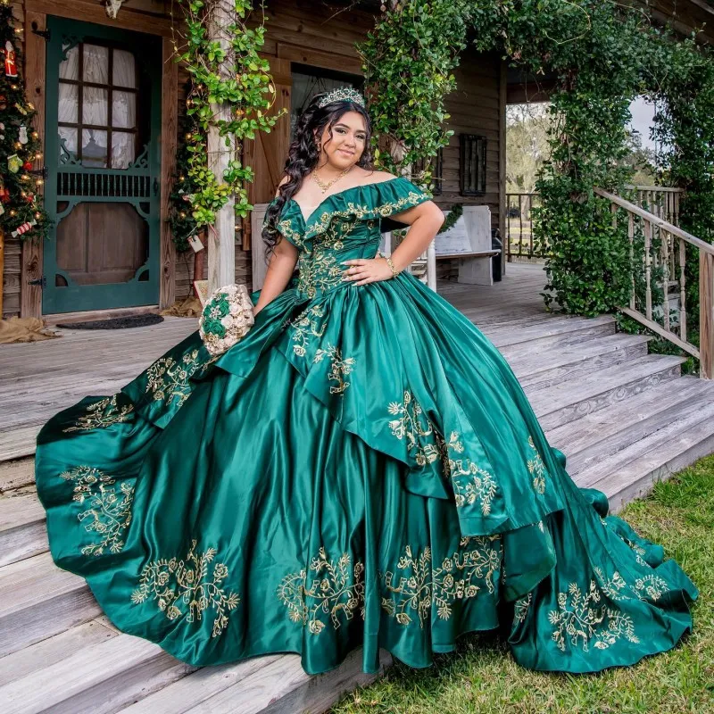 Schwarzgrünes Satin-Quinceanera-Kleid, Prinzessin-Ballkleid, schulterfrei, mit Perlen verziert, Spitze, Geburtstagsfeier, Abschlussballkleid, formeller Festzug