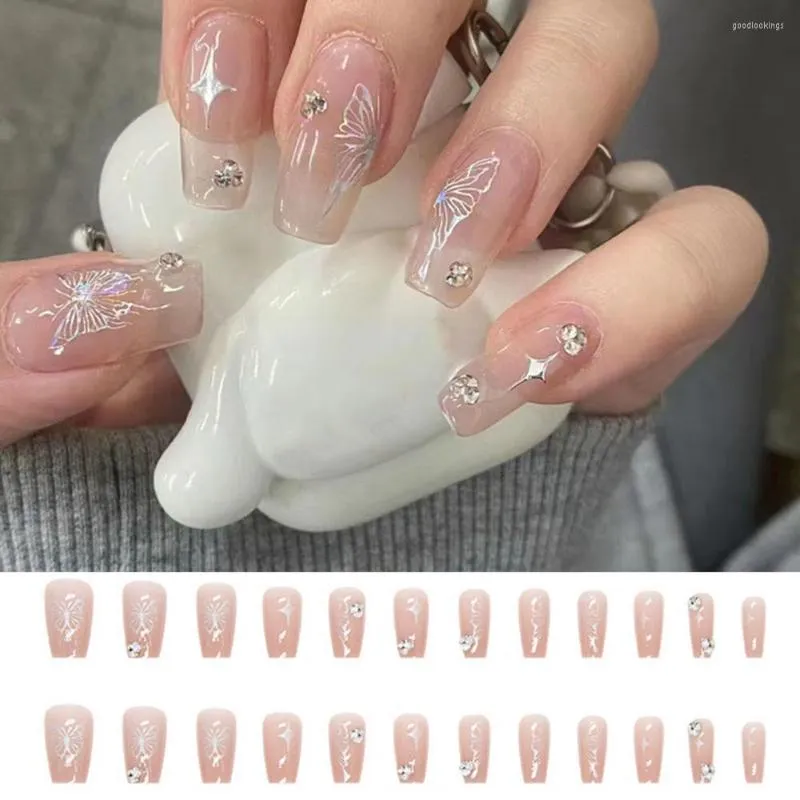 Unhas Postiças 24Pçs Balé Com Cola Cor Prata Borboletas Strass Longo Brilhante DIY Cobertura Completa Feminina Meninas Salão Falso