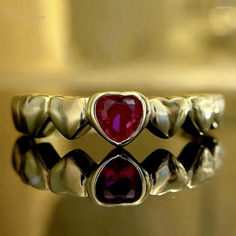 Кольца Кластера Wong Rain 18K Позолоченное Стерлингового Серебра 925 4 4MM Heart Lab Рубиновый Драгоценный Камень Старинные Ювелирные Изделия Кольцо Для Женщин Подарок Оптом