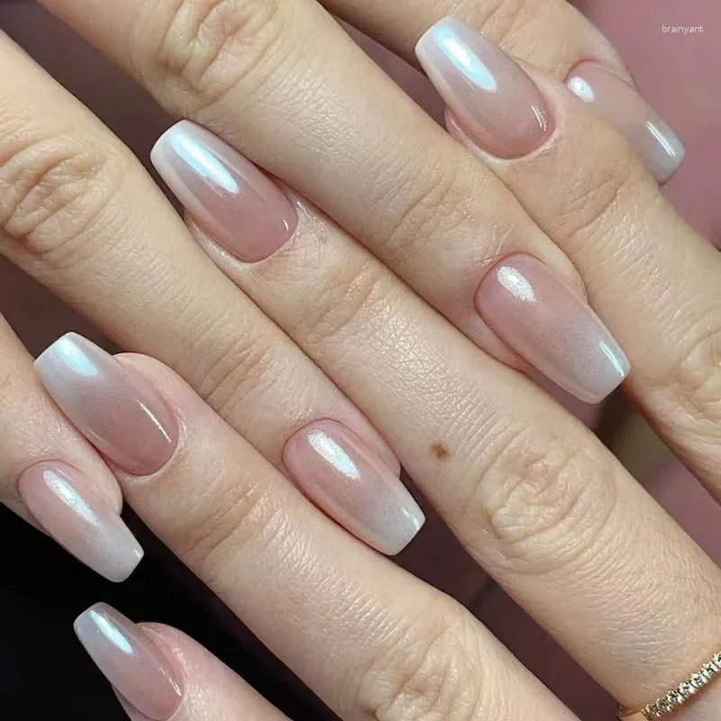 Fałszywe paznokcie błyszczący gradient różowy fałszywy pełny okładka brokat Pearl Aurora dla dziewczynki Lady Wearble 24pcs Artificial Nail Patch