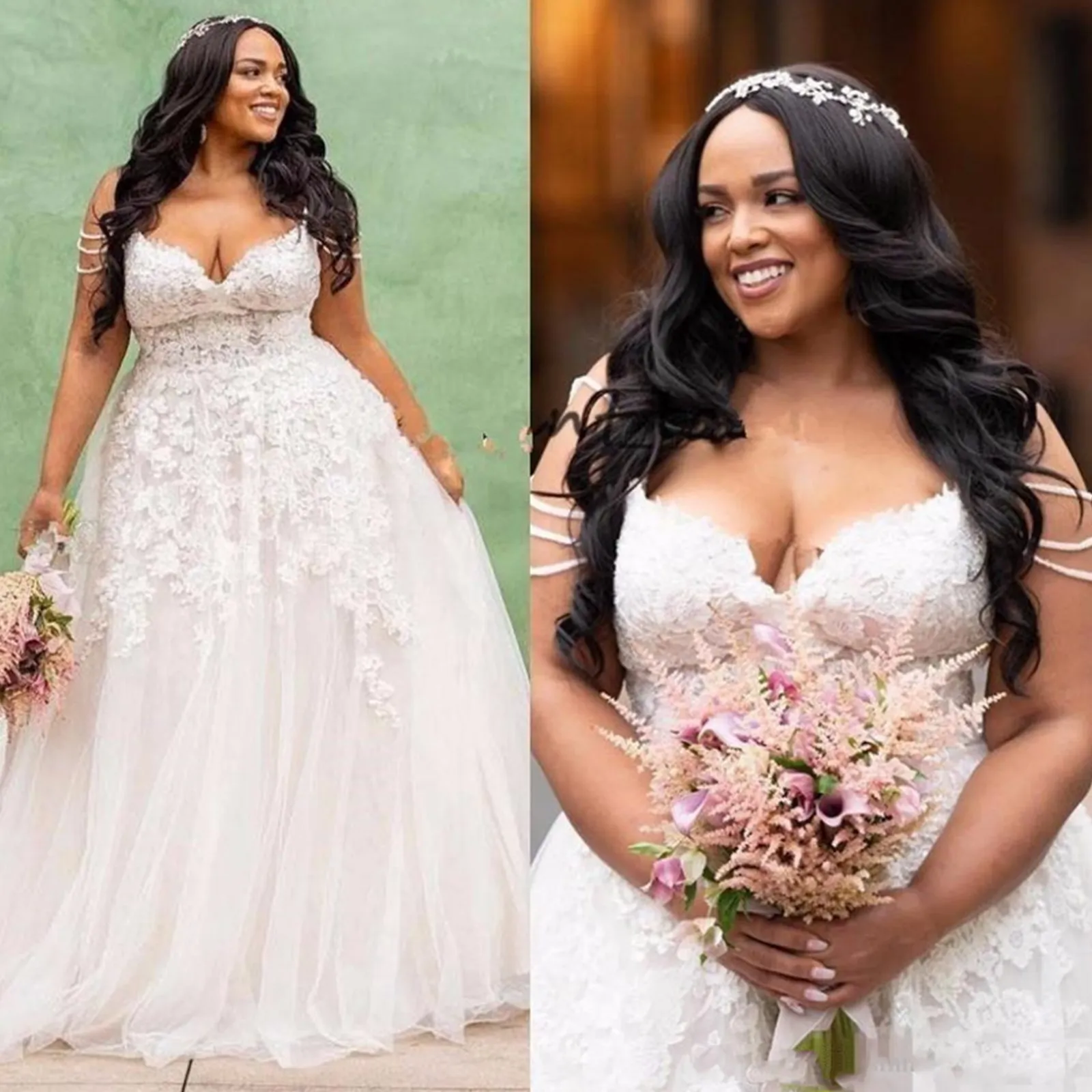 Plus Size Wedding Dresses A Line Tulle Lace Applique Sweetheart Neckline Sweep Train Bridal Gowns for Black Women Ivory White 2024